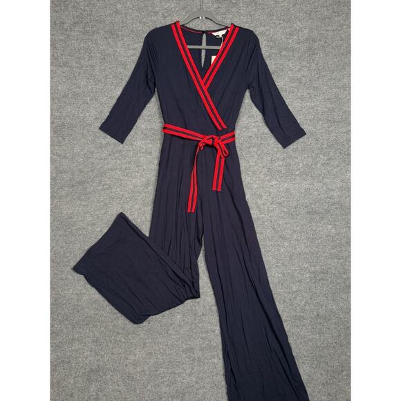 Boden Sz 4 Isla Jersey Jumpsuit Black Red Tie Waist Wide Leg V Neck 3/4 Sleeves - Picture 3 of 13